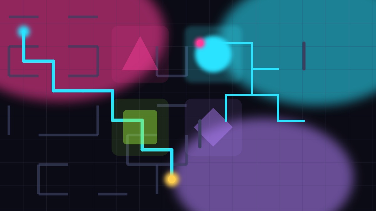 A maze traced in glowing cyan, neon pads shaped like a triangle and a diamond, and a network of pipes, on a dark grid background.